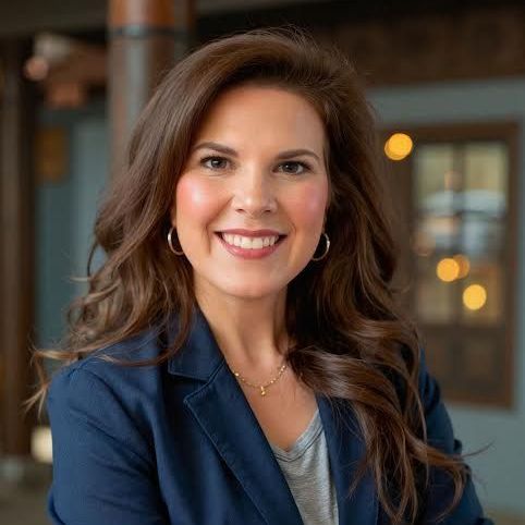 A woman wearing a blue jacket and earrings is smiling for the camera.