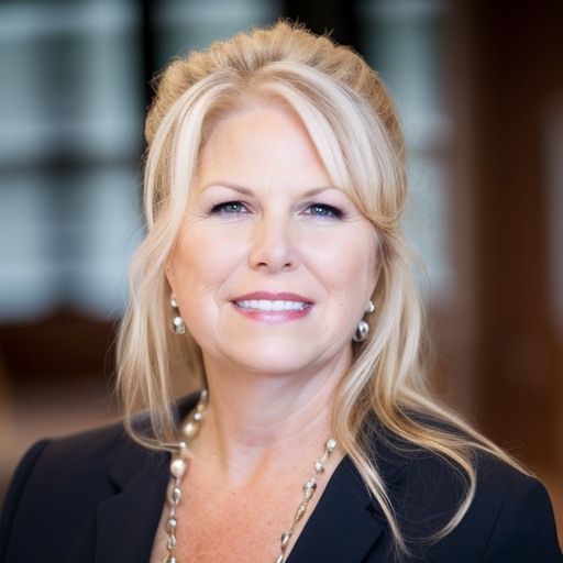 A woman in a black jacket and pearl necklace is smiling for the camera.