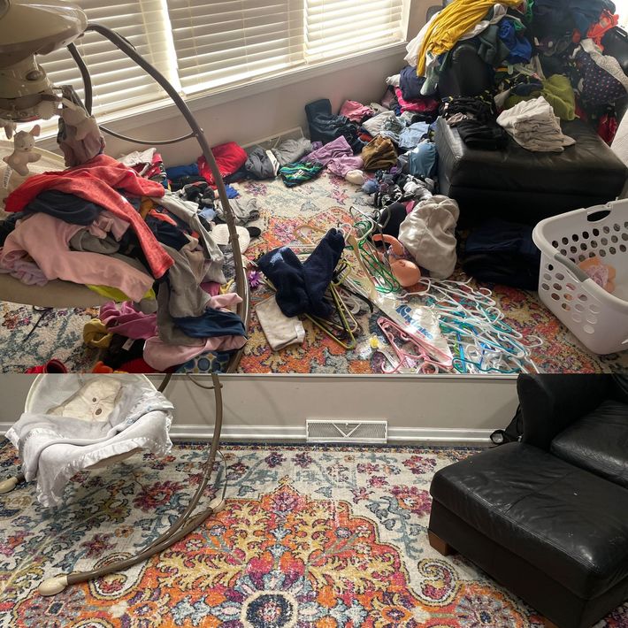 A messy room, top half: piles of clothes, swing set. Bottom half: room cleaned, rug visible.