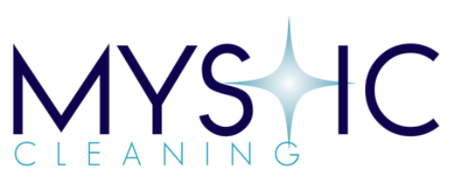 Mystic Cleaning logo with blue text and a starburst design.