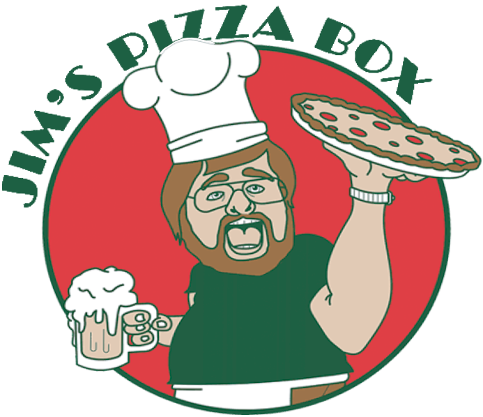 The logo for jim 's pizza box shows a man holding a pizza and a beer