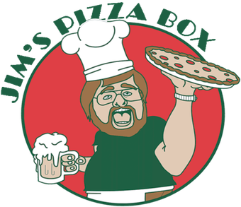 The logo for jim 's pizza box shows a man holding a pizza and a beer