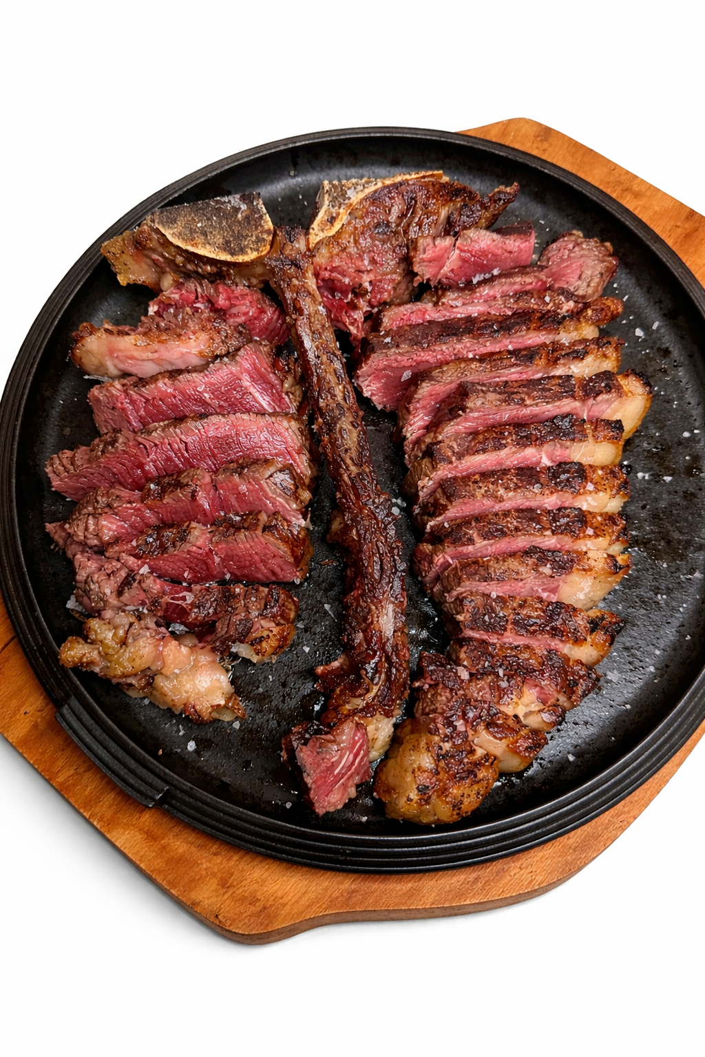 Bistecca di manzo tagliata a fette, succosa e cotta al sangue, su una piastra calda, condita con sale.