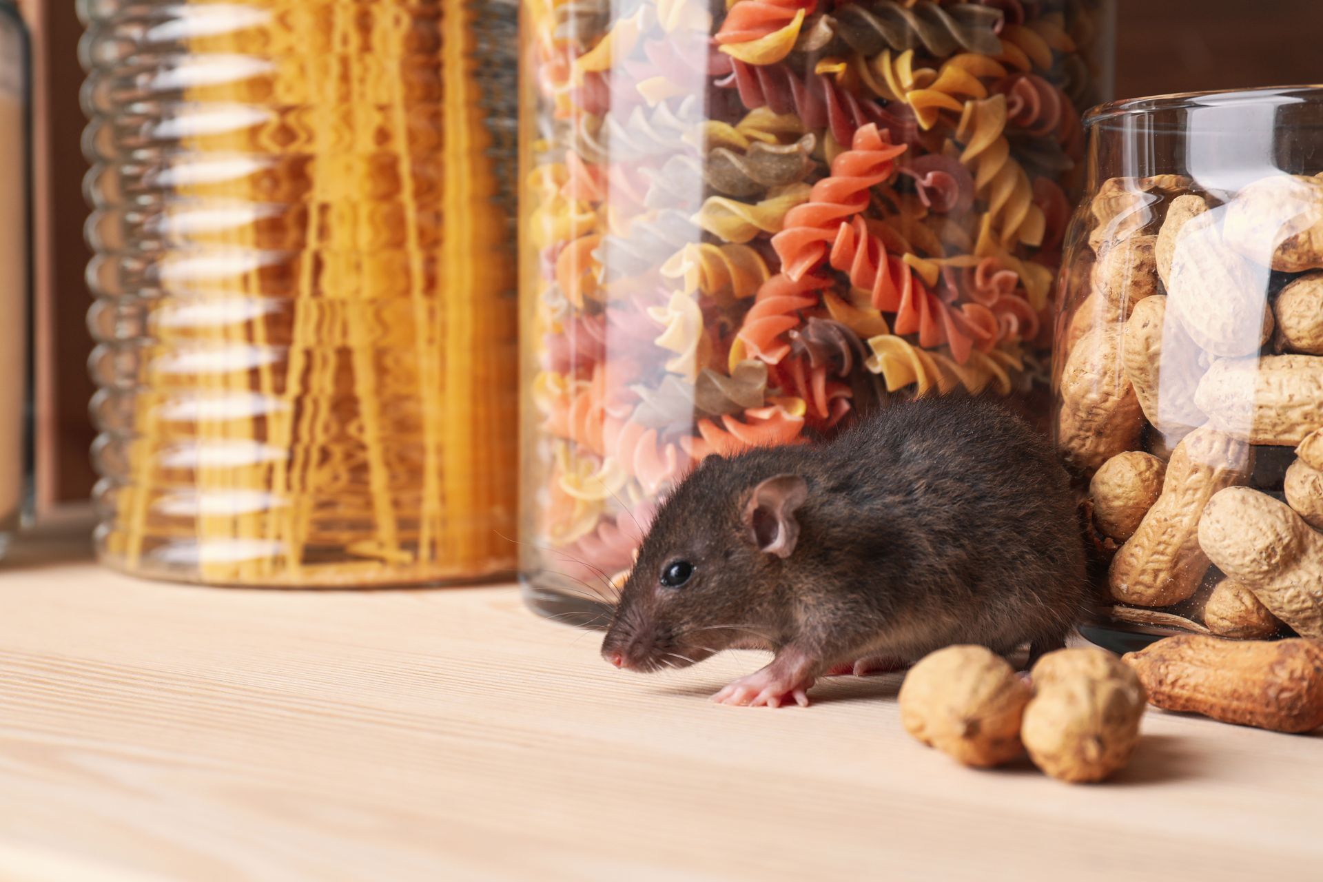 A mouse in a pantry needing nuisance control services in Woodridge, NY by Nuisance and Pest Control by Dave.