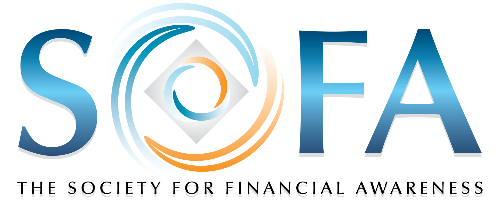 The logo for the society for financial awareness is blue and orange.