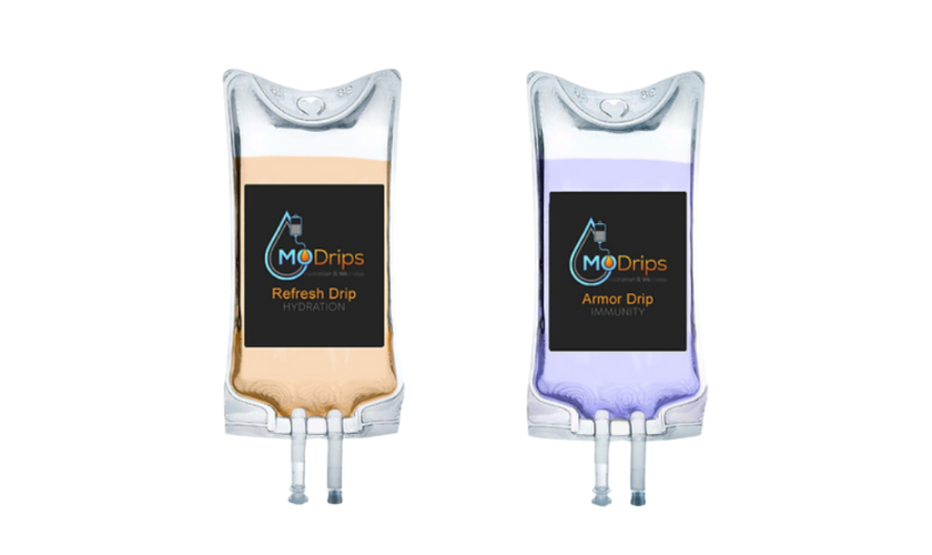 Two bags of liquid are sitting next to each other on a white background.