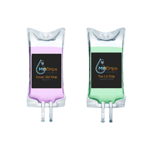 Two bags of liquid are sitting next to each other on a white background.