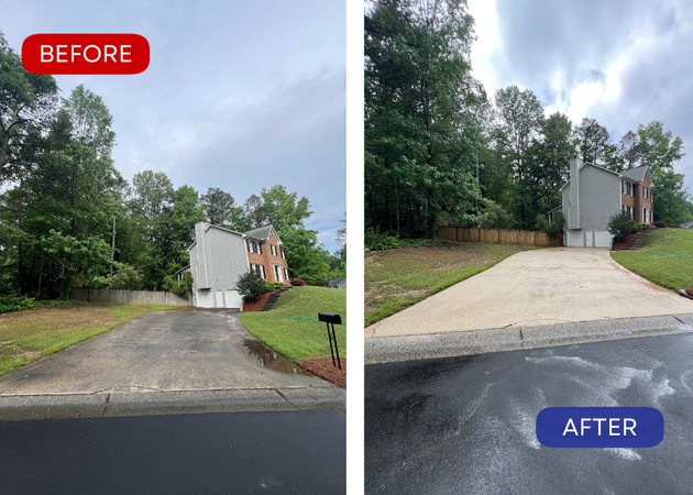 Before and after comparison of a house's driveway. The 