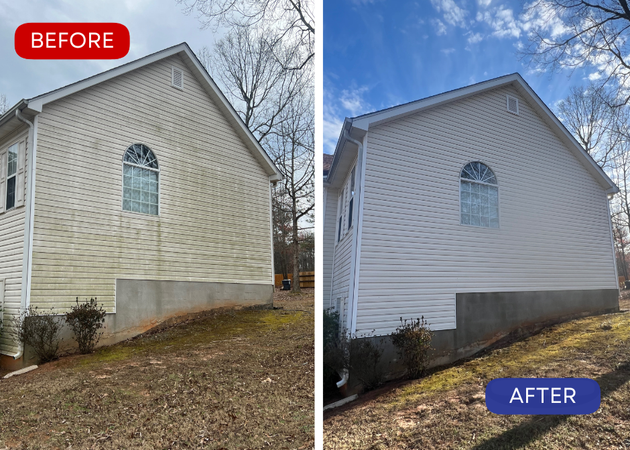 Before-and-after comparison of a house exterior. The 