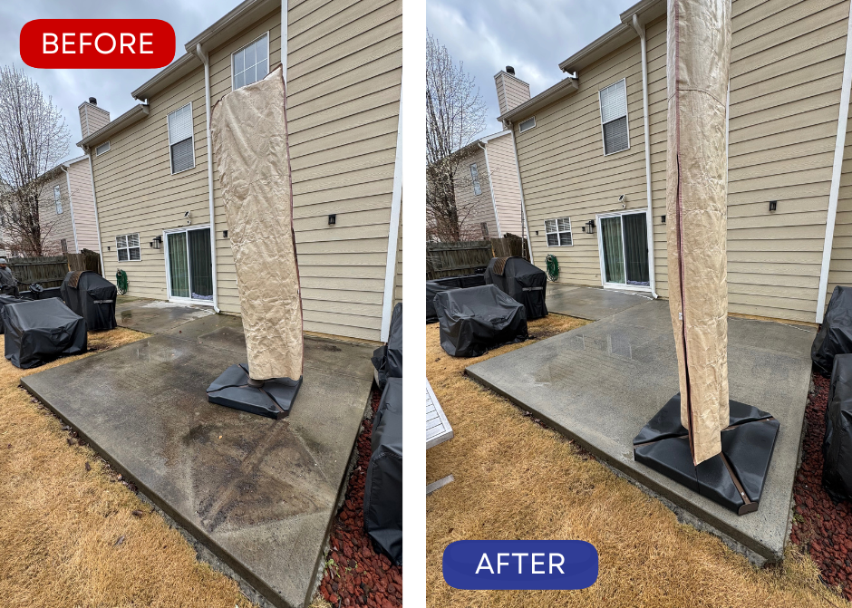 Before and after photos showing a concrete patio cleaned with power washing.
