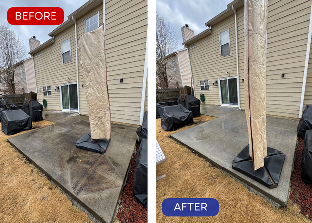 Before and after photos showing a concrete patio cleaned with power washing.