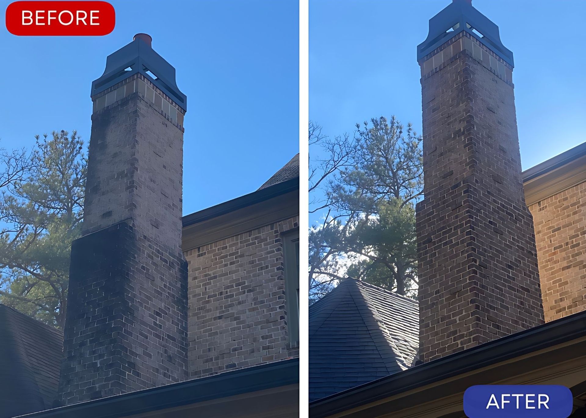 Before-and-after comparison of a house exterior. The 