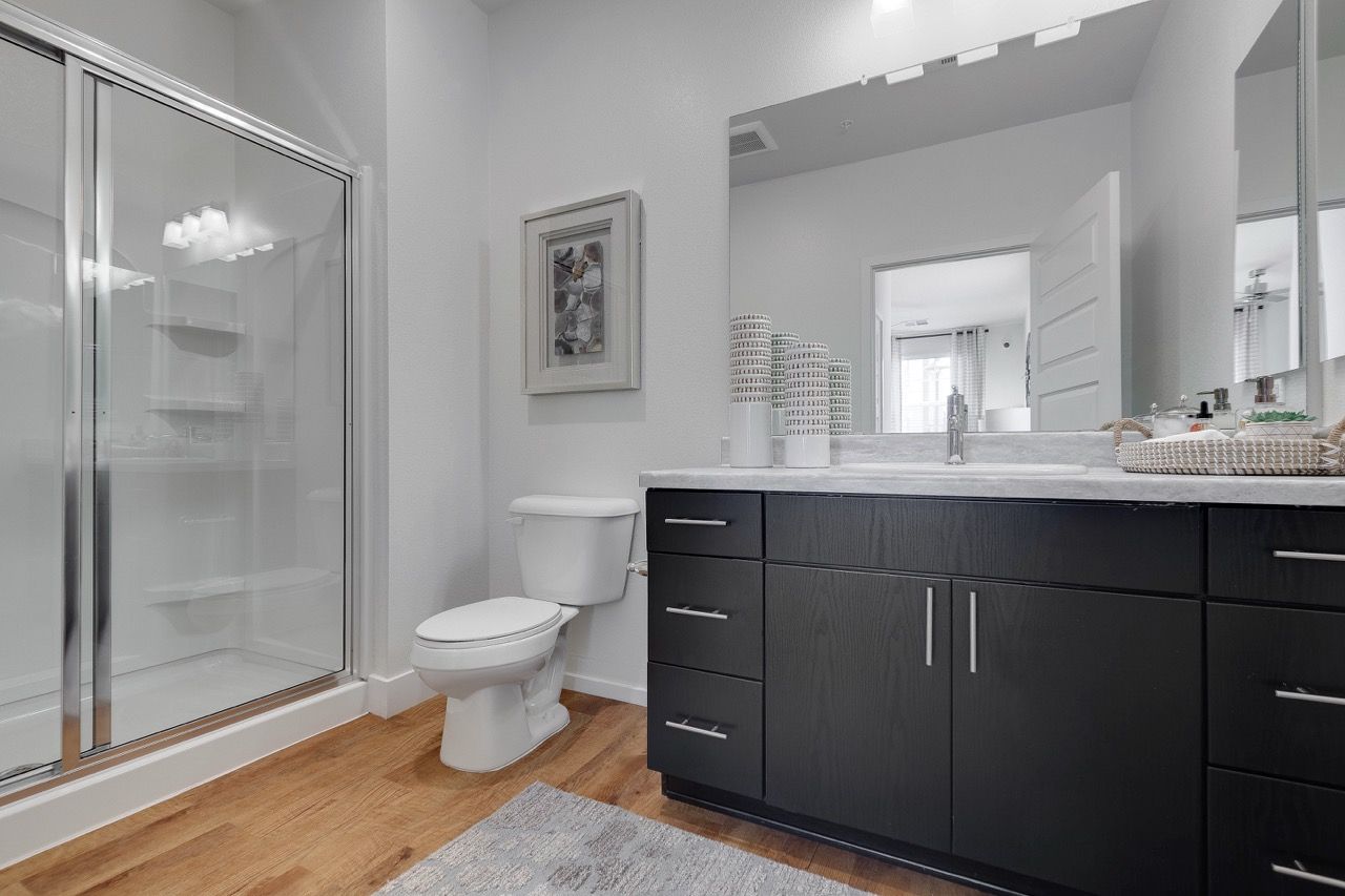 Bathroom in a modern apartment with a glass shower, toilet, and dark vanity.