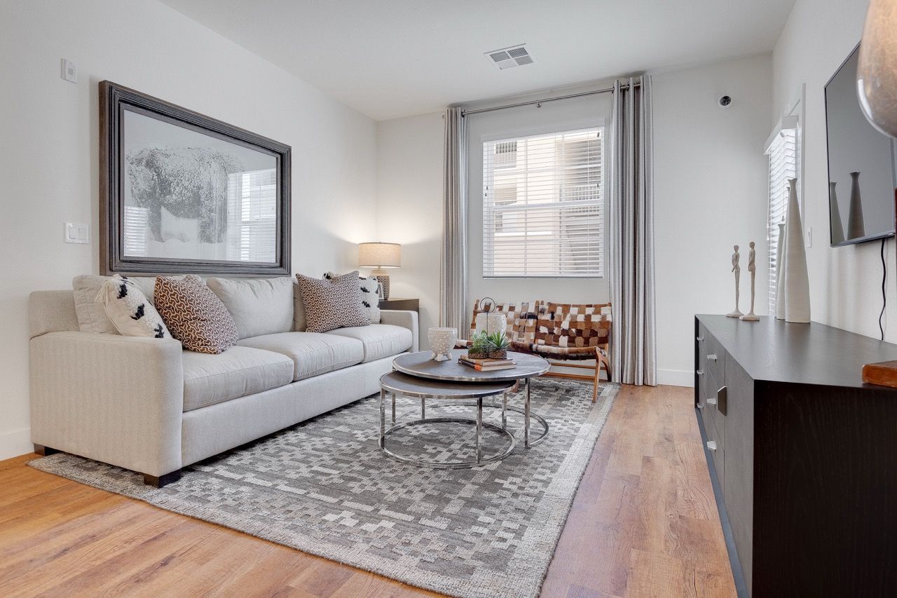 Bright living room with beige sofa, round nesting coffee tables, rug, and TV console.