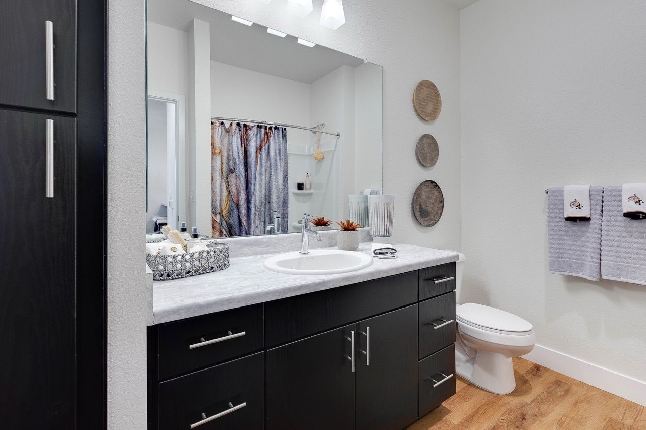 Modern apartment bathroom with a dark wood vanity, sink, and mirror.