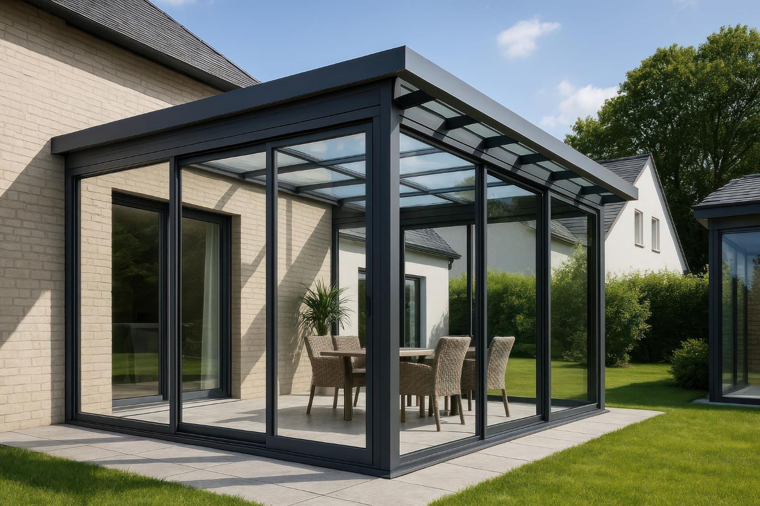 Glass-walled sunroom attached to a house; features table, chairs, and a gray frame.