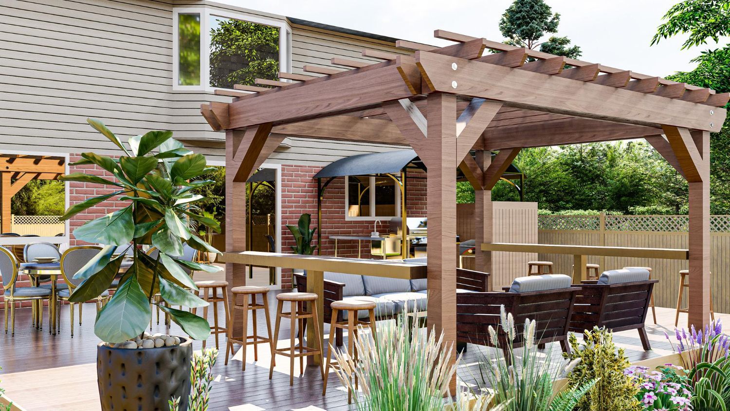 Backyard patio with pergola, bar, seating, and garden against a brick house.