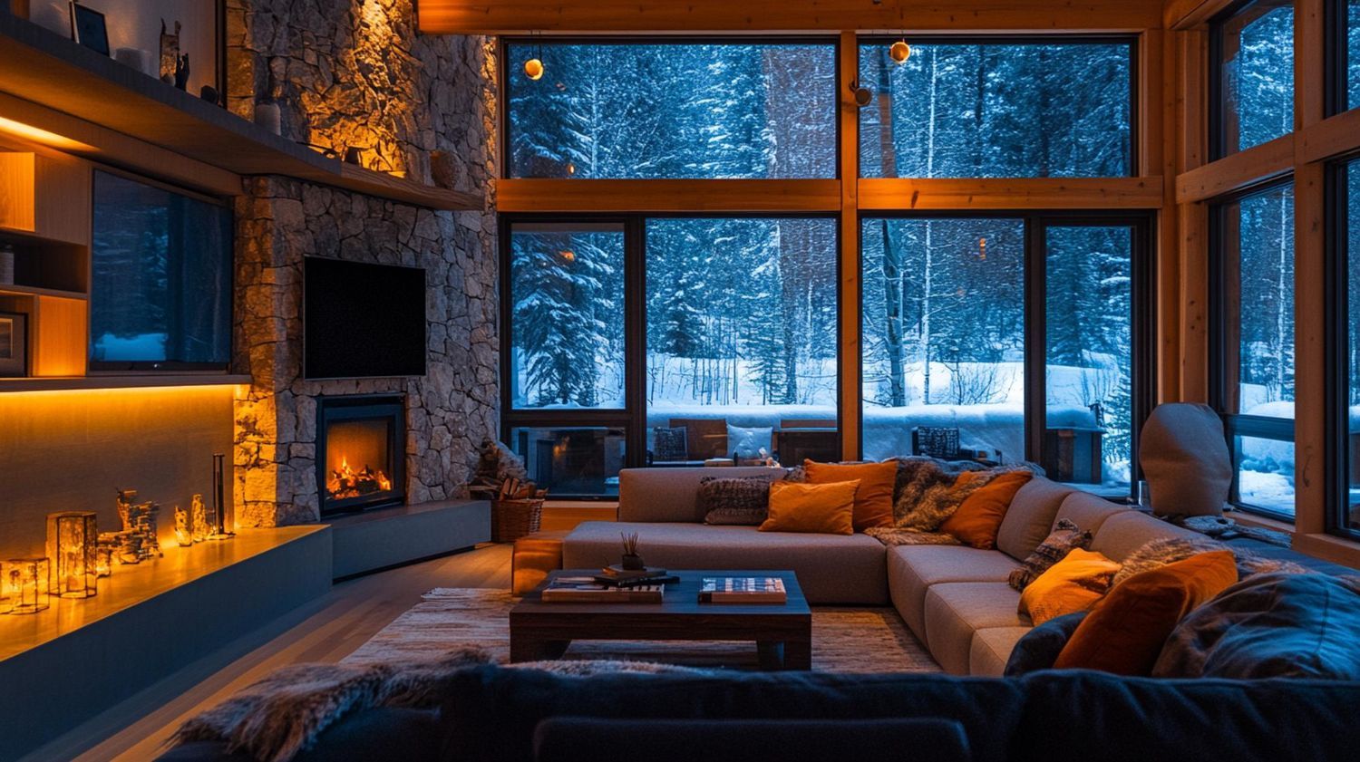 Cozy living room with a fireplace, large windows overlooking a snowy forest, and a sectional sofa.