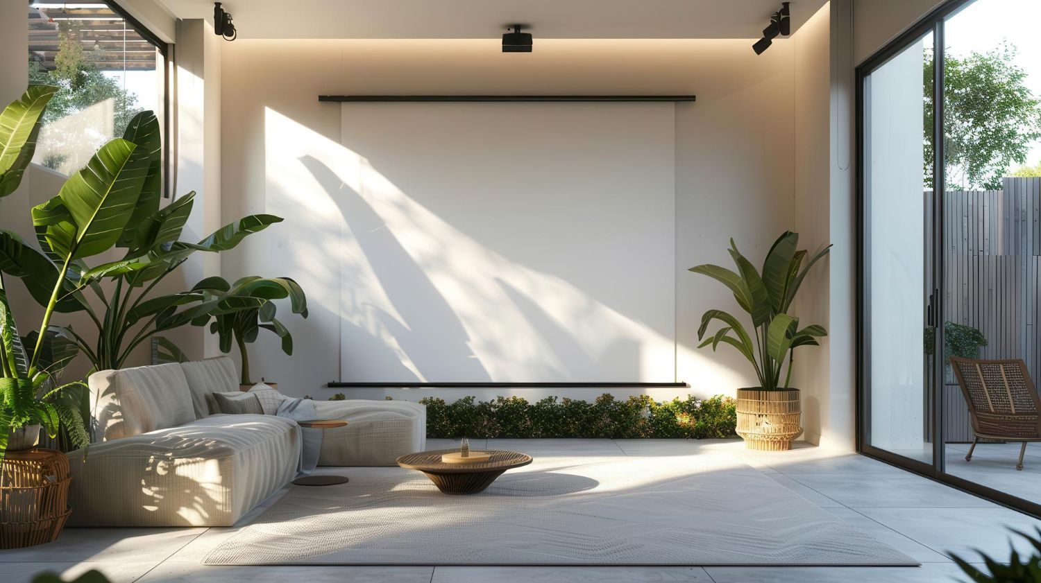 Modern outdoor living room with screen, plants, and couch. Sunlight streams in.