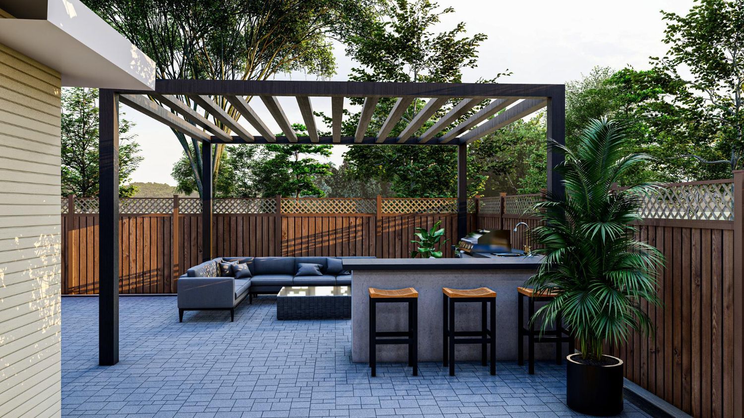 Outdoor patio with a pergola, bar, seating, and a wooden fence.