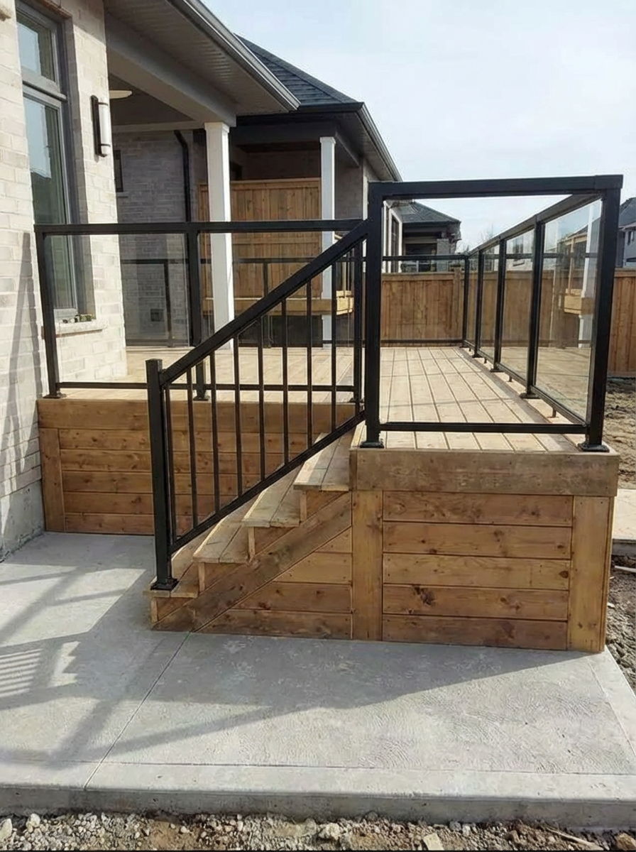 A wooden deck with a metal railing is being built in front of a house.