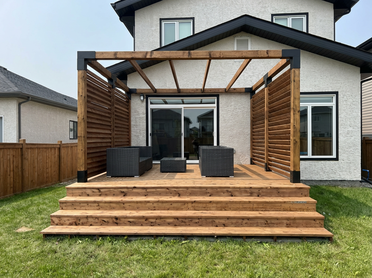 Wooden deck with pergola and outdoor furniture against a house with a sliding door and windows.