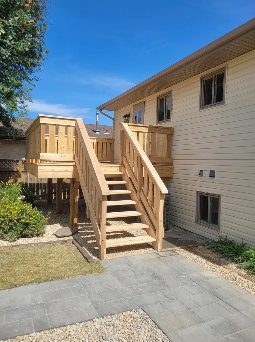 A wooden deck with stairs leading up to it is in the backyard of a house.