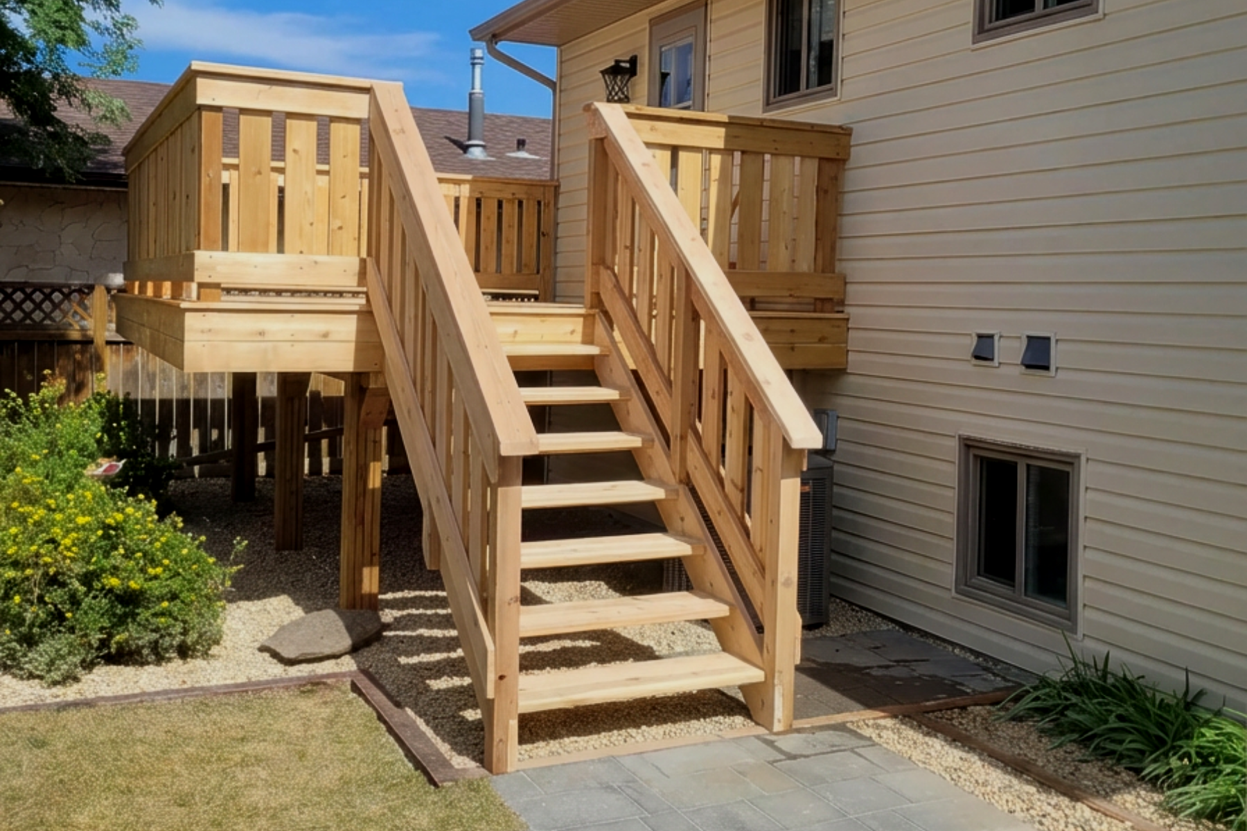 A wooden deck with stairs leading up to it is in the backyard of a house.