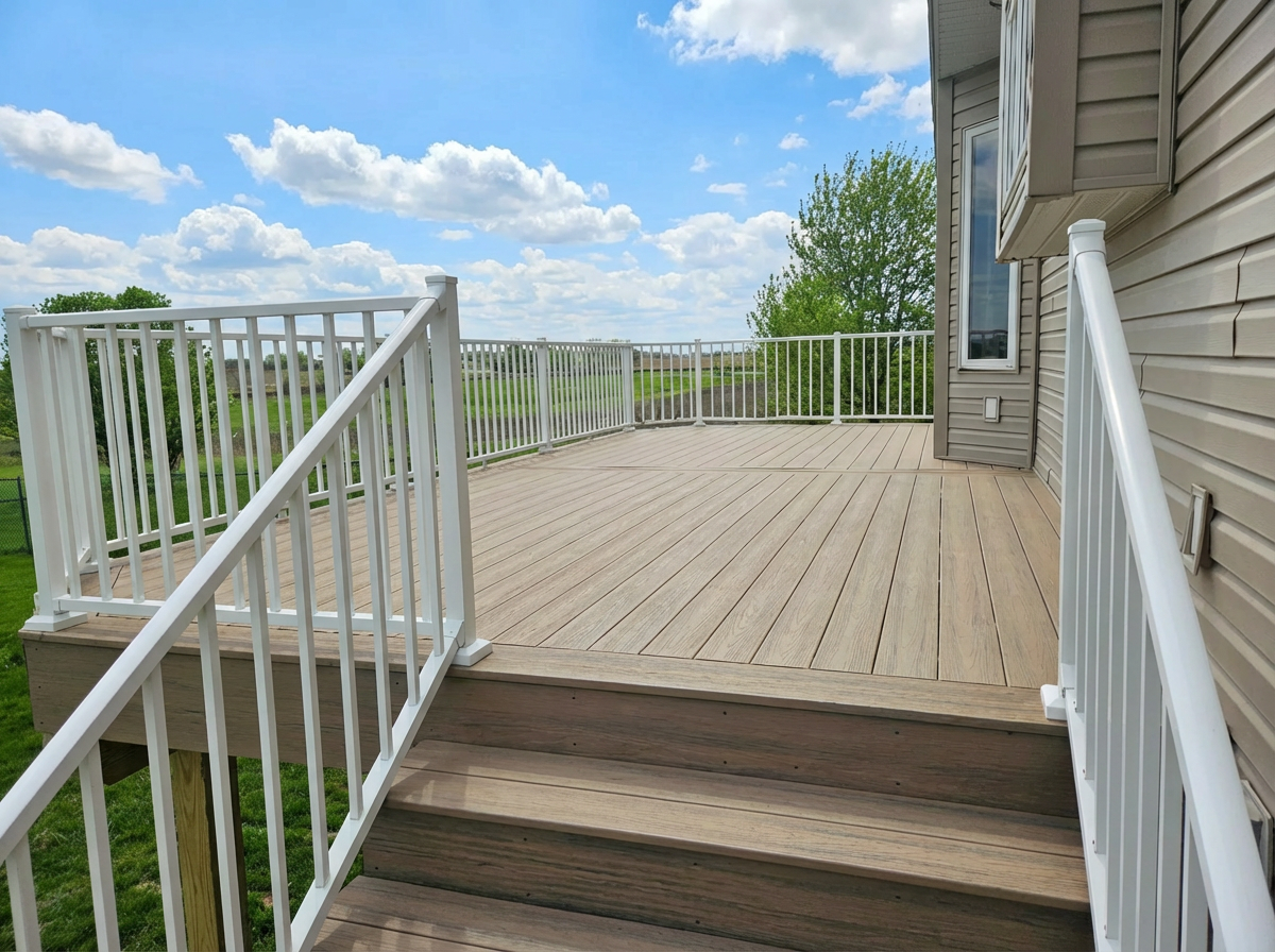 A deck with stairs leading up to it and a white railing
