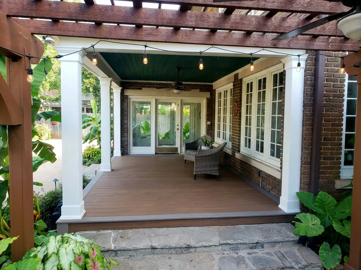 Covered front porch with white columns, wooden deck, brick wall, and glass doors opening to a garden path.