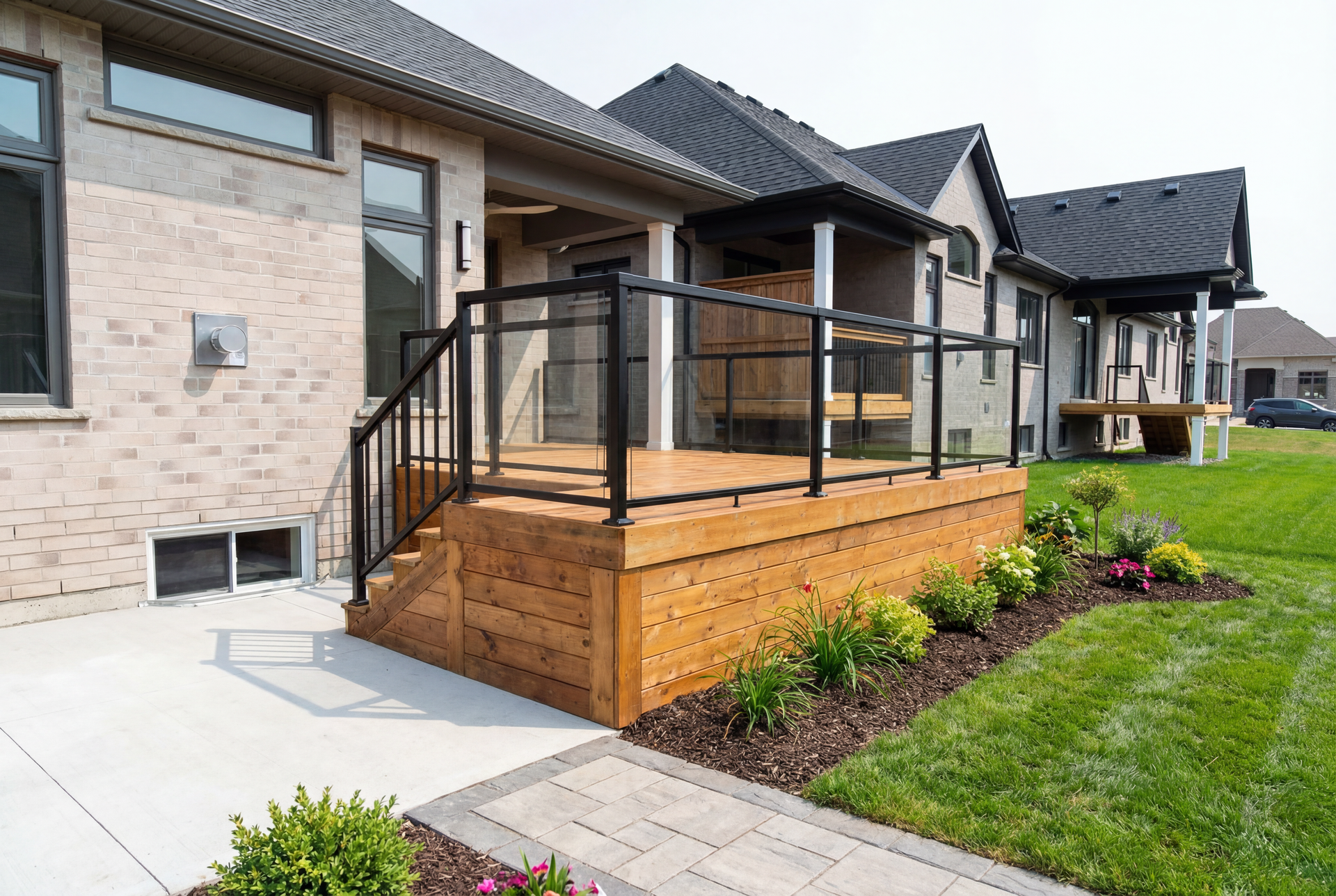 Backyard patio deck with black railings, wooden siding, and a lawn beside a brick house.