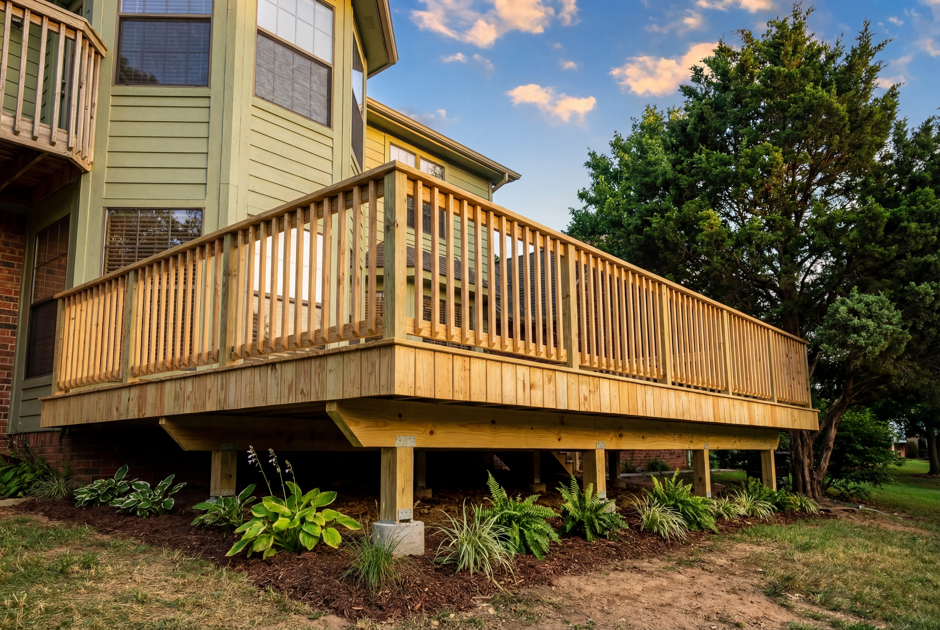 Wooden deck attached to a beige house, with railings and support posts, surrounded by greenery