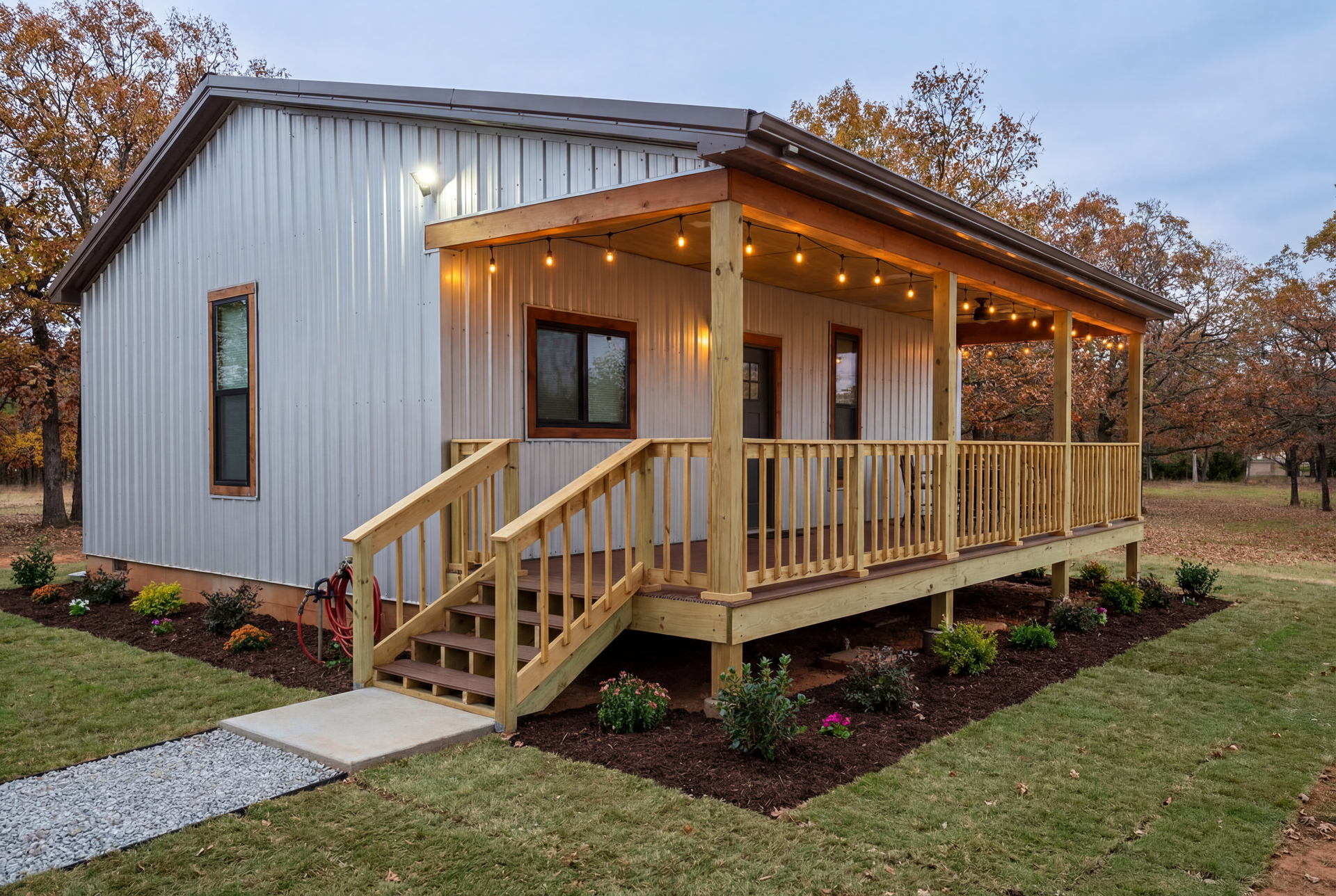 Metal-sided cottage with wooden porch and steps, string lights, and small landscaping in front.