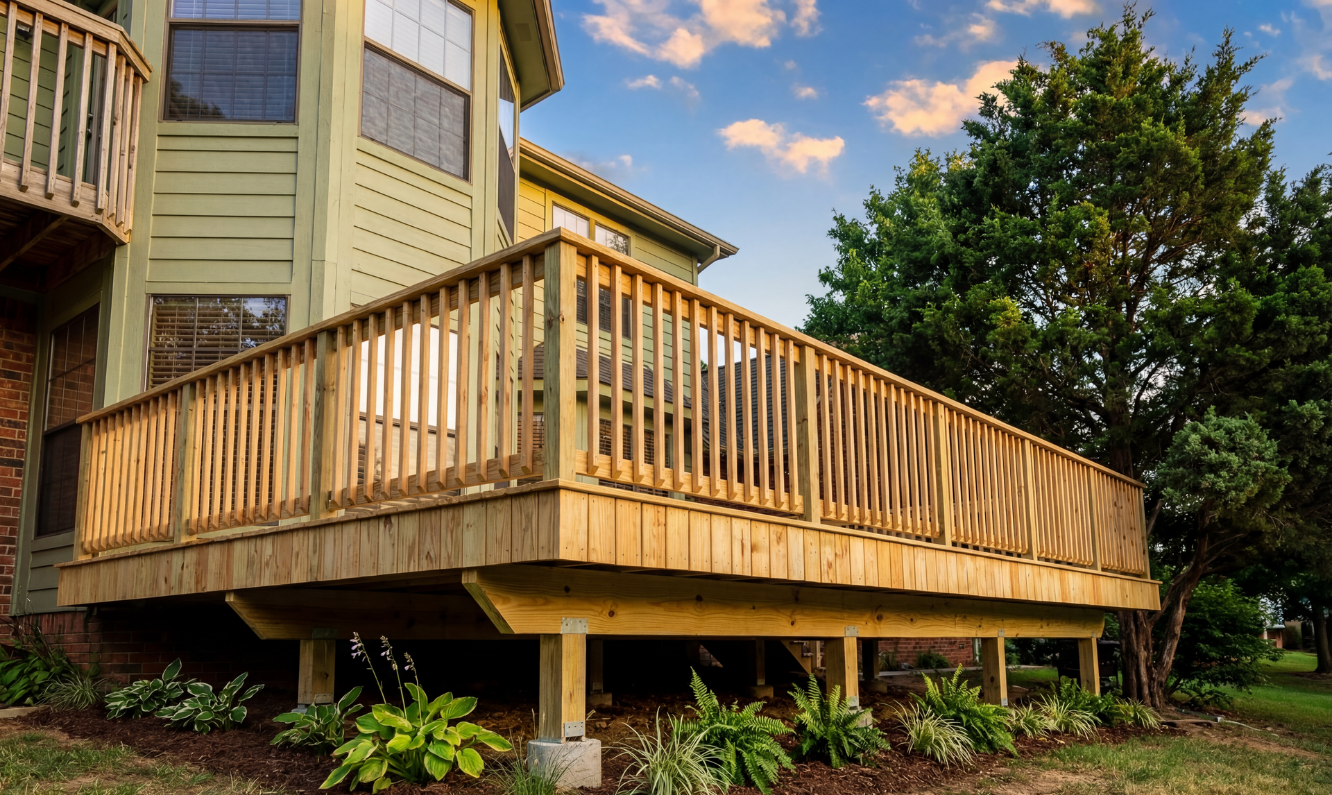 A large wooden deck is sitting on top of a house.