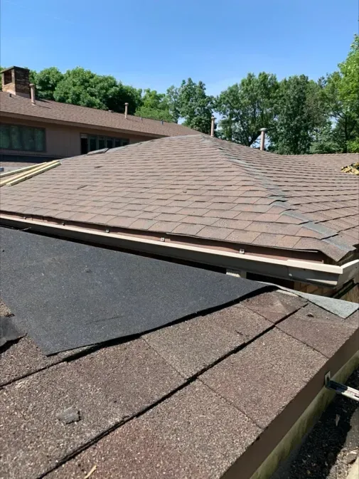 A close up of a roof of a house with trees in the background.