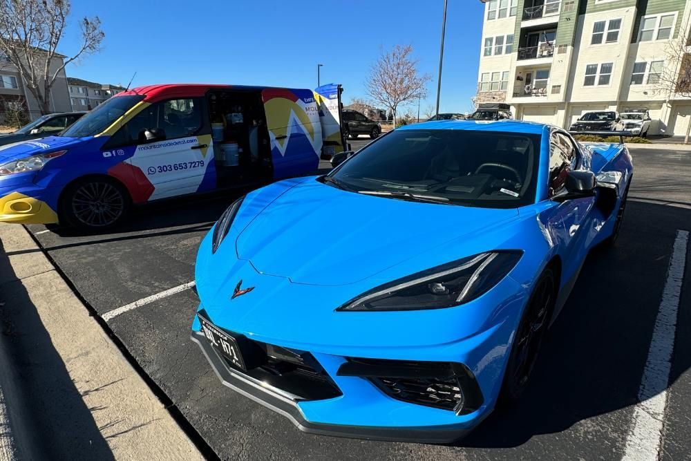 A blue sports car is parked next to a van in a parking lot.