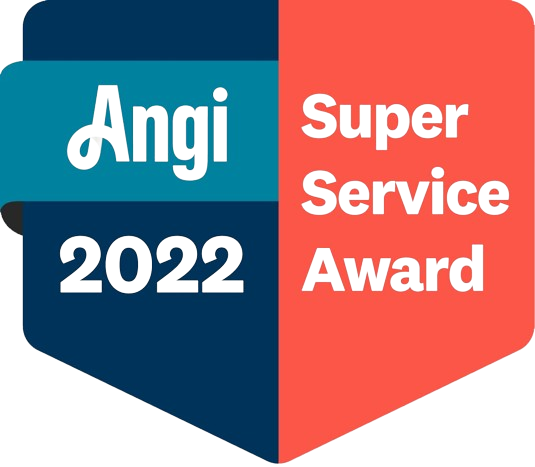 a blue and red badge that says angi super service award 2022