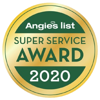 a green and gold badge that says angie 's list super service award 2020
