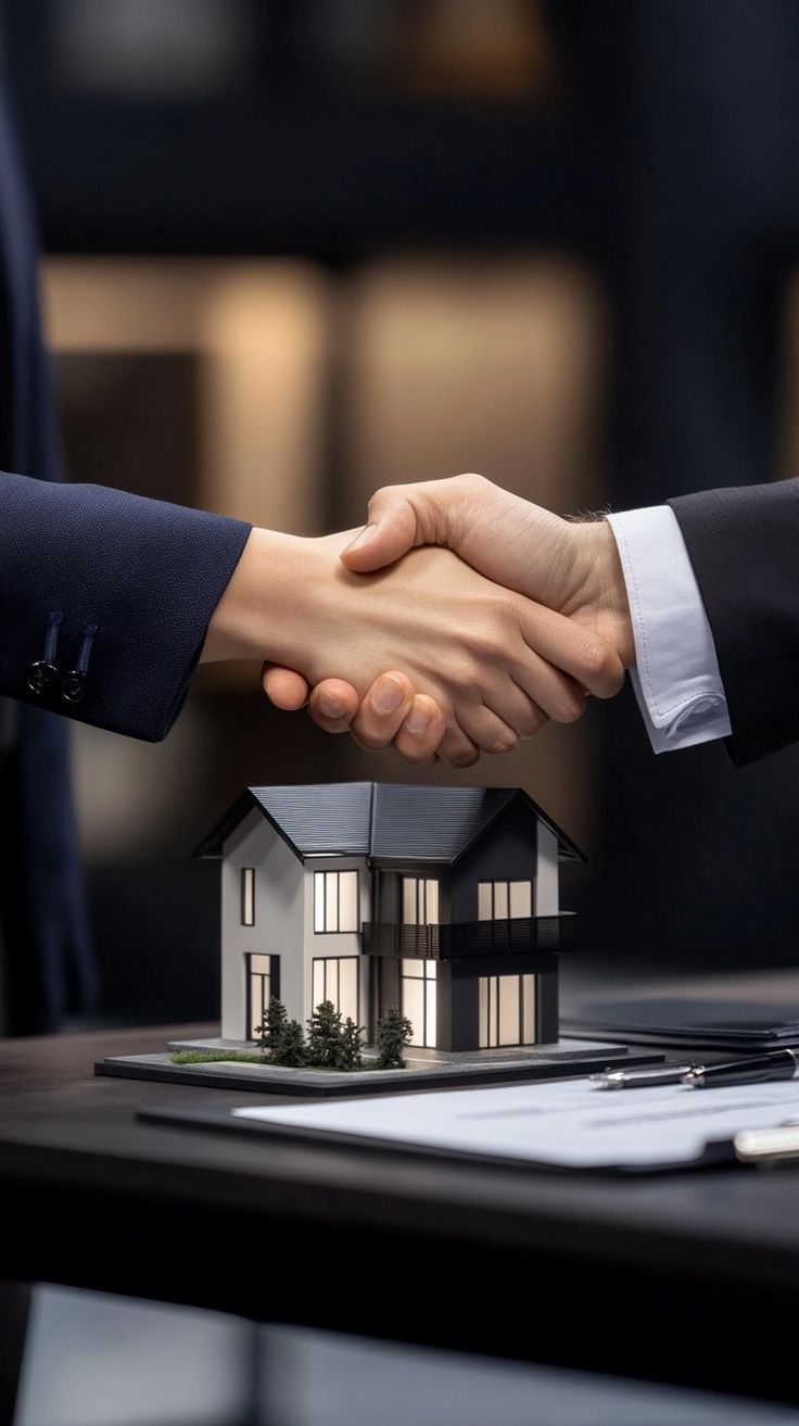 Handshake over a house model and documents – land deal in Nigeria.
