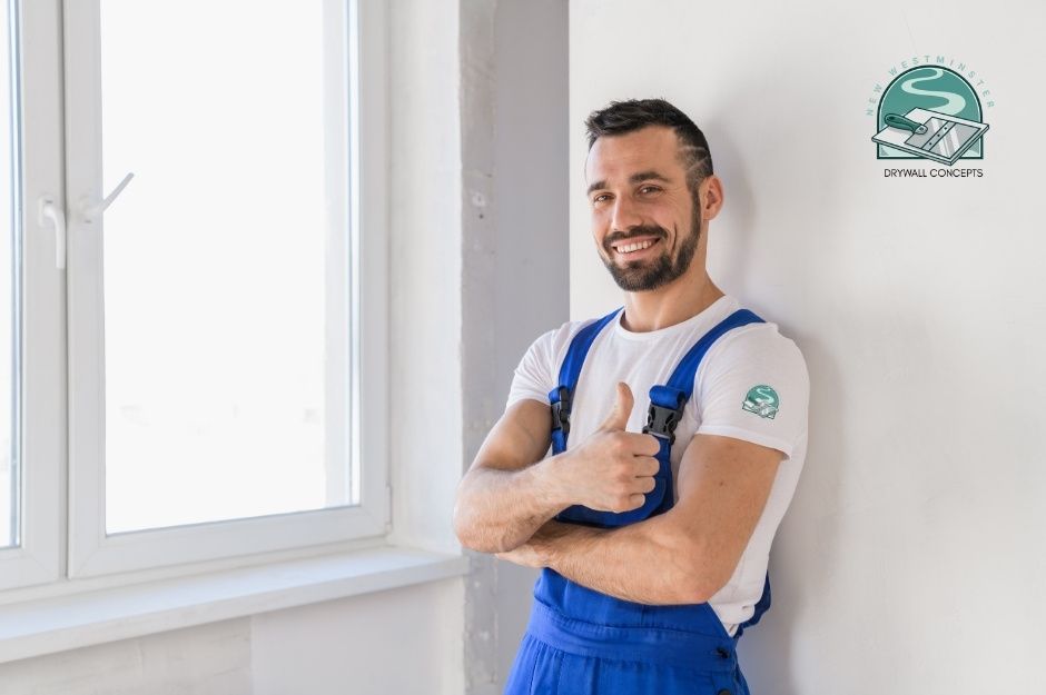 A drywall repair handyman in blue overalls and white shirt smiles while giving thumbs up in a residential interior with white walls and bright window lighting near Donaghy Ave, and W 1st St, North Vancouver, BC.