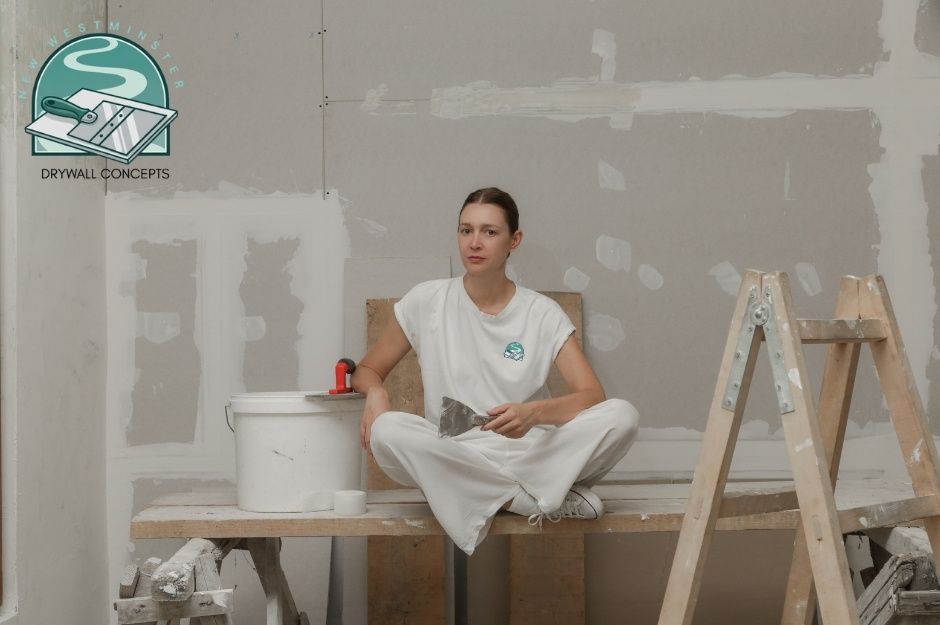 A drywall repair specialist sits cross-legged on a wooden workbench in white work clothes, holding a putty knife. She is surrounded by drywall repair materials, including a paint bucket and patched wall sections in an unfinished commercial construction site near Broadmoor Blvd, and Number 3 Rd, Richmond, BC.
