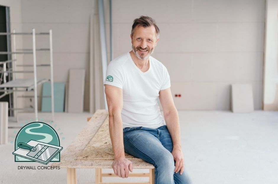 A smiling drywall repair technician in a white V-neck t-shirt and blue jeans sits confidently on a wooden workbench in a bright, modern commercial interior with white walls, ready to provide expert services near Crestlawn Dr, and Parklawn Dr, Burnaby, BC.