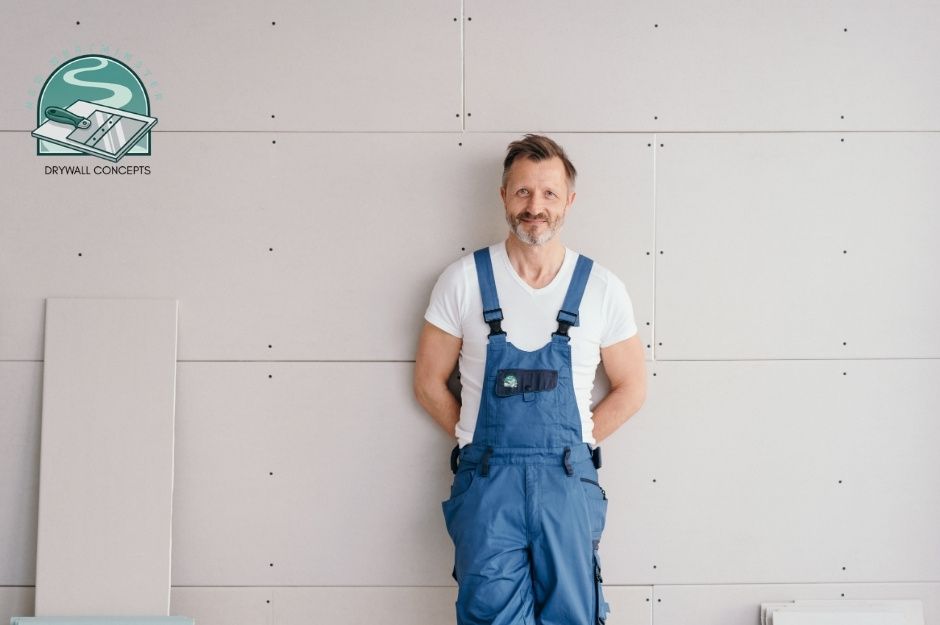 A drywall repair technician in blue overalls and a white t-shirt stands smiling against a white wall with visible anchor holes. He has his hands behind his back in a confident, professional pose for a commercial project near Ioco Rd, and Alderside Rd, Port Moody, BC.