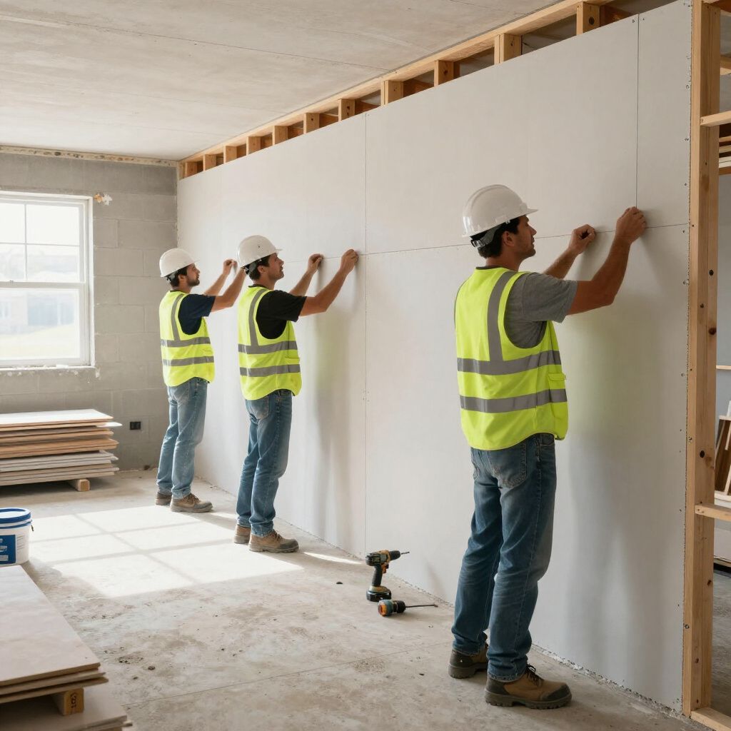 Three construction workers in hard hats and high-visibility vests install drywall panels on a wooden wall frame.