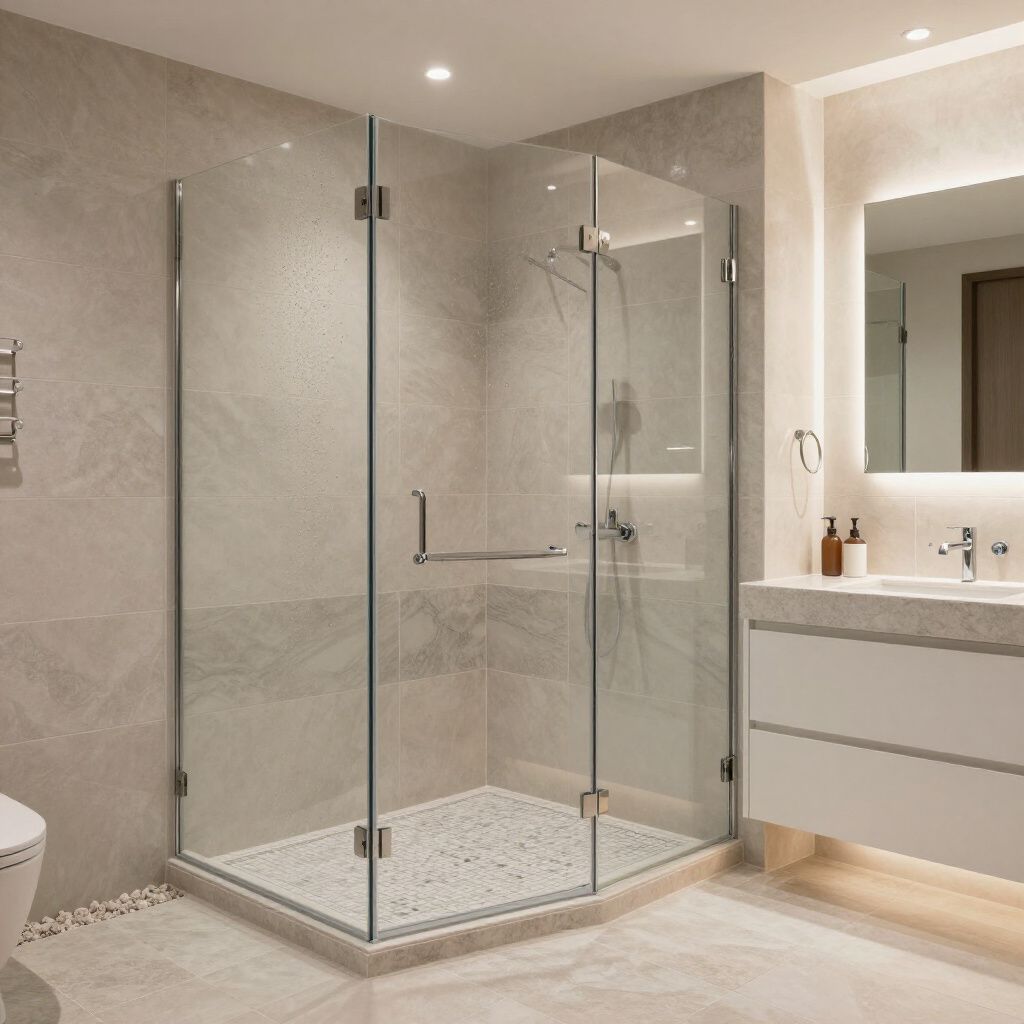 A modern bathroom featuring a glass shower enclosure with chrome hardware, next to a white floating vanity with a mirror.