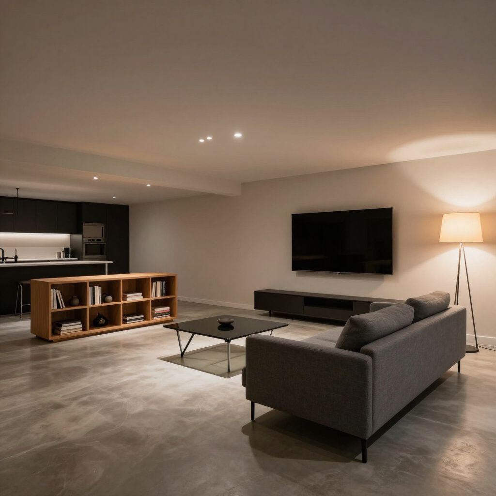 Modern living room with a gray sofa, glass coffee table, low shelf unit, wall-mounted TV, and a tall floor lamp.
