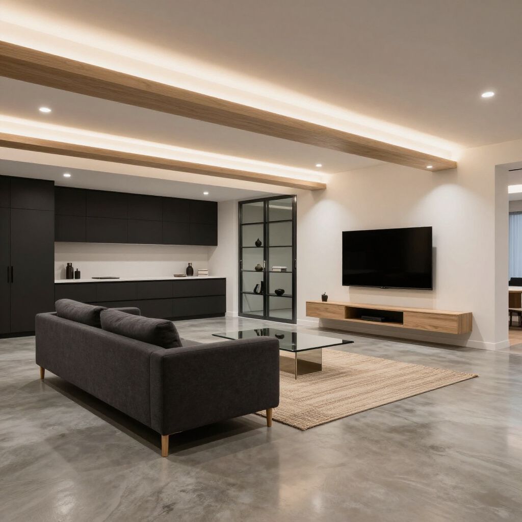 A modern living room with a grey sofa, coffee table, wall-mounted wood console, and black kitchen cabinetry.