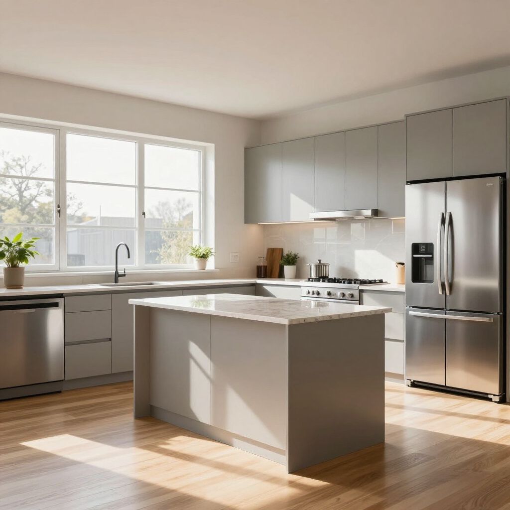 A modern kitchen featuring grey cabinets, stainless steel appliances, a marble-topped island, and light hardwood floors.
