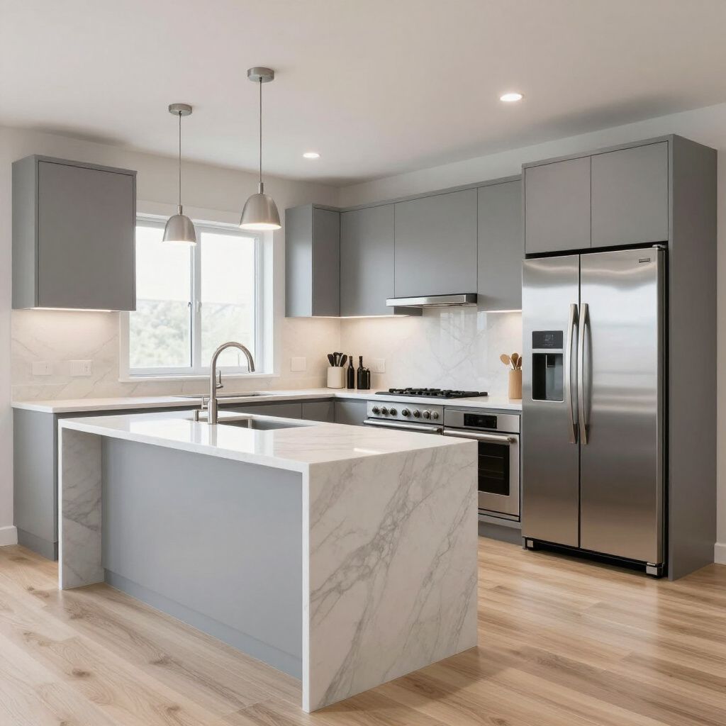 Modern kitchen with gray flat-panel cabinets, white marble-topped island, stainless appliances, and light wood flooring.