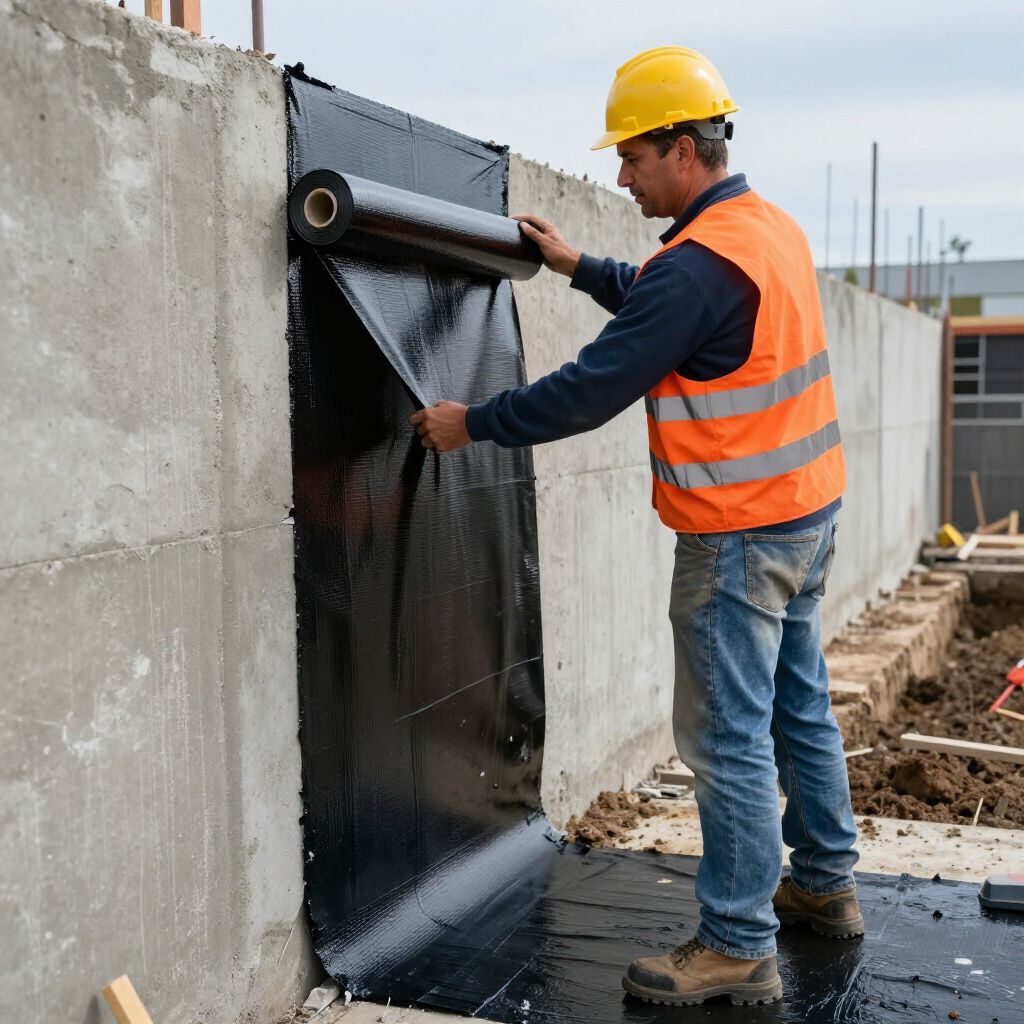 A construction worker in a hard hat and safety vest applies a black waterproofing membrane to a concrete foundation wall.